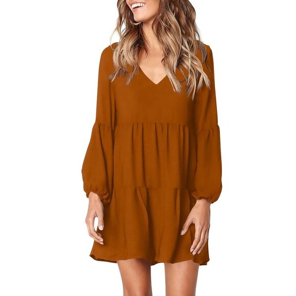 Amoretu Womens V-Neck Long Sleeve Tiered Mini Dress Rust Orange 2XL - Picture 4 of 5